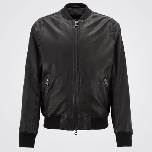 Black Bomber Style Sheepskin Leather Fashion Jacket