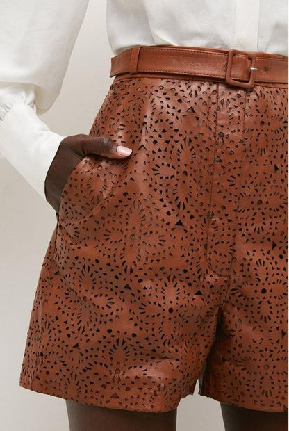 Women's High-Waist Leather Shorts in Light Brown Pattern