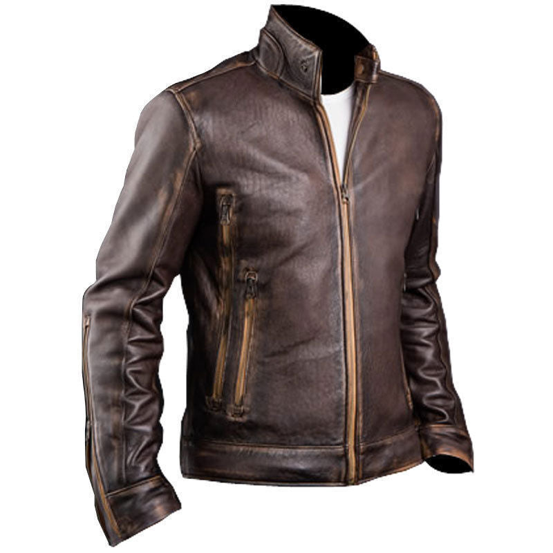 Men's Distressed Brown Genuine Leather Cafe Racer Motorcycle Jacket