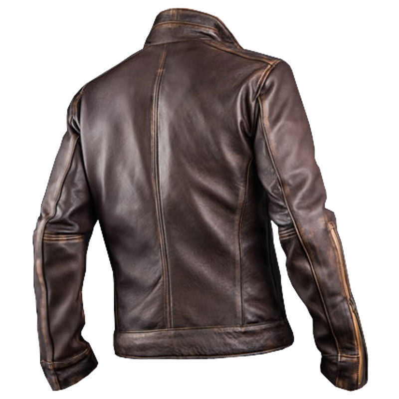 Men's Distressed Brown Genuine Leather Cafe Racer Motorcycle Jacket