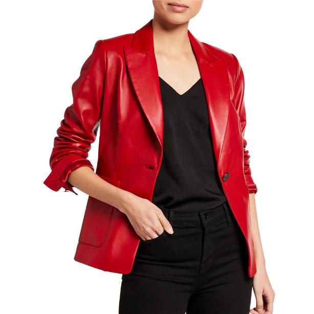 One-Button Red Leather Blazer for Women - Leather Blazers