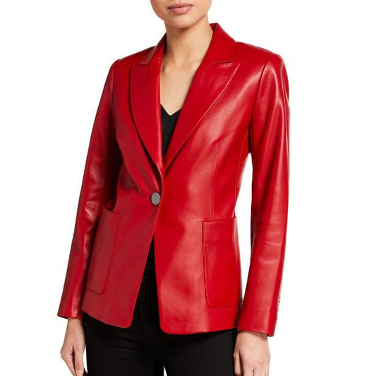 One-Button Red Leather Blazer for Women
