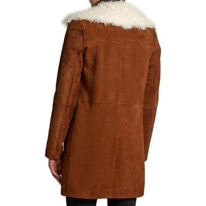 Oversized Notch-Lapel Suede Leather Coat with Fur Collar