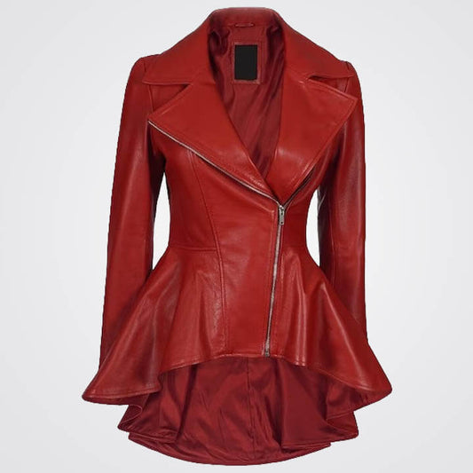 Women Red Biker Peplum Style Leather Jacket