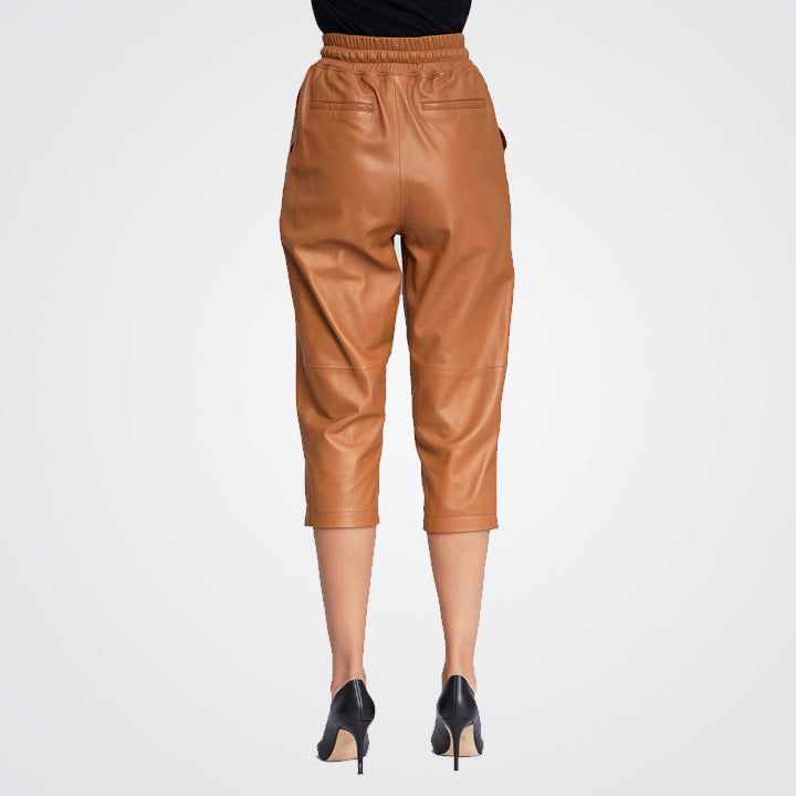 Women's Tan Brown Lambskin Leather Capri Pant