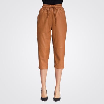 Women's Tan Brown Lambskin Leather Capri Pant