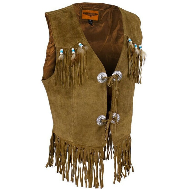 Women's Brown Suede Leather Western Vest With Fringe And Beads