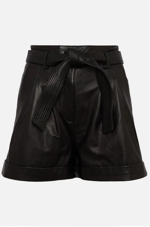 Womens Belted Leather Shorts in black