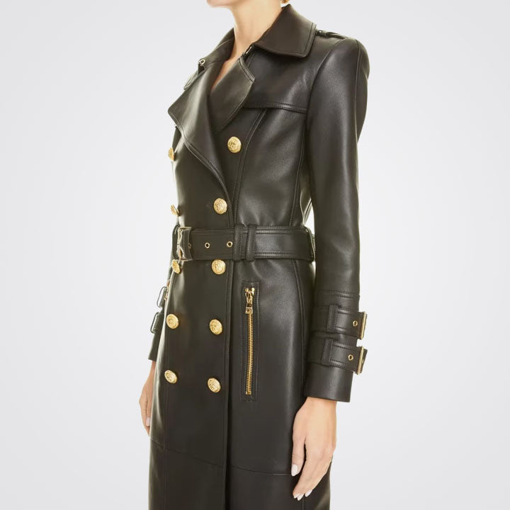 Women's Black Double Breasted Leather Trench Coat with Golden Button