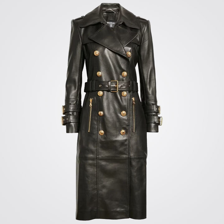 Women's Black Double Breasted Leather Trench Coat with Golden Button