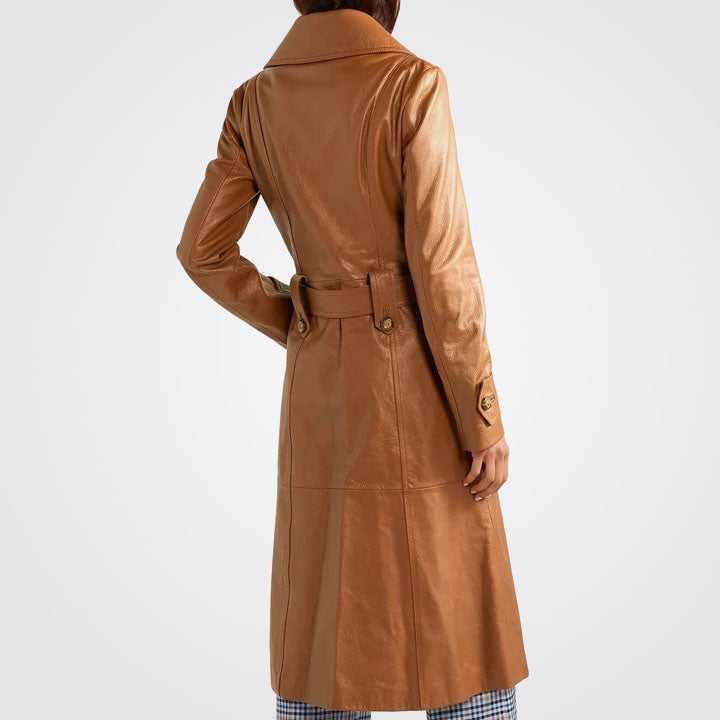 Women's Double Breasted Brown Leather Trench Coat with Notch Collar