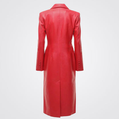 Women's Button-up Red Leather Trench Long Coat