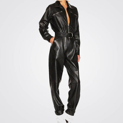 Women's Trendy Sheepskin Black Leather Jumpsuit