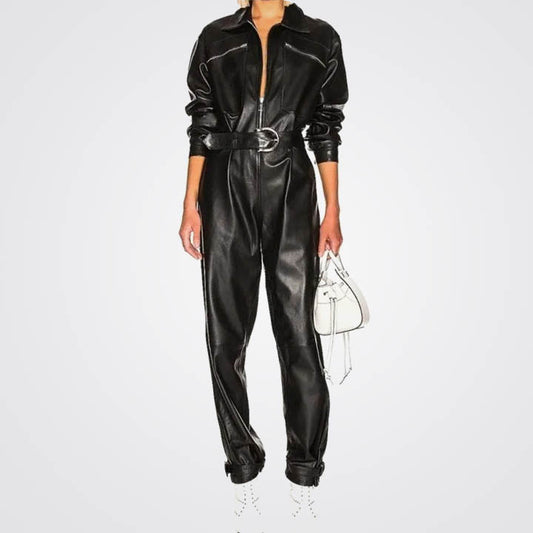 Women's Trendy Sheepskin Black Leather Jumpsuit