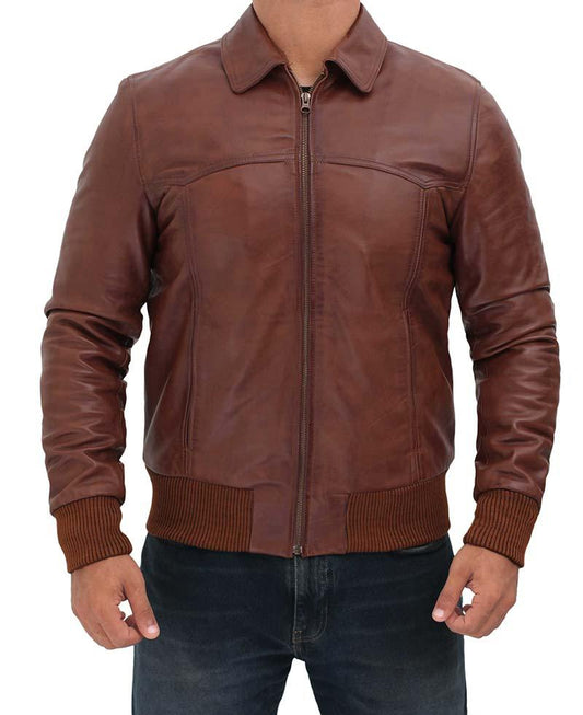 Brown Lambskin Leather Bomber Jacket with Zip Closure