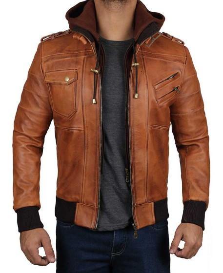 Brown Leather Bomber Jacket with Hood