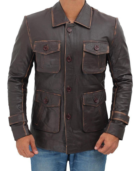 Distressed Brown Leather Jacket with Four Practical Pockets