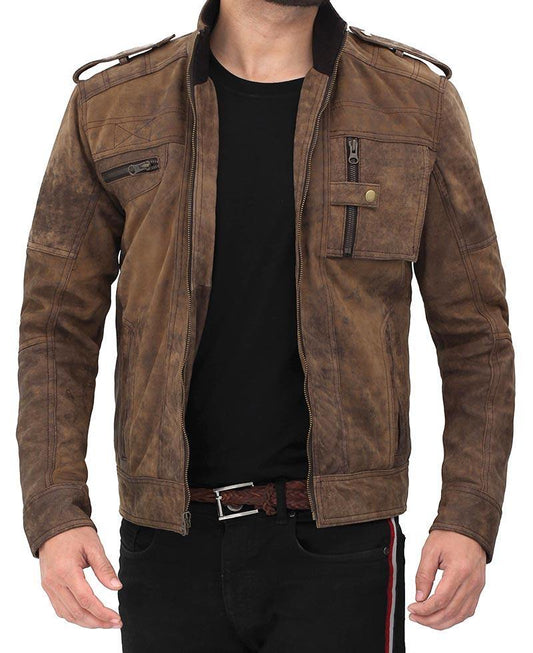 Distressed Brown Lambskin Leather Cafe Racer Jacket