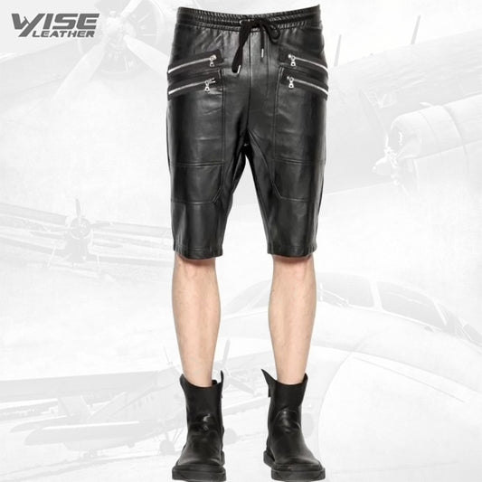 Men Zip Elastic Waistband Genuine Lambskin Black Leather Shorts