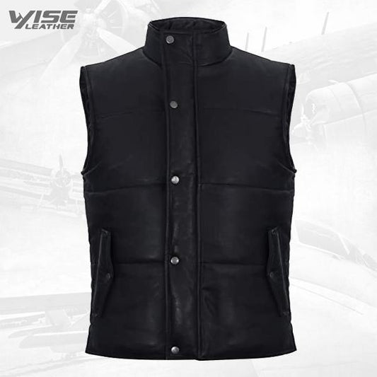 Black Leather Puffer Vest - Padded Leather Vest