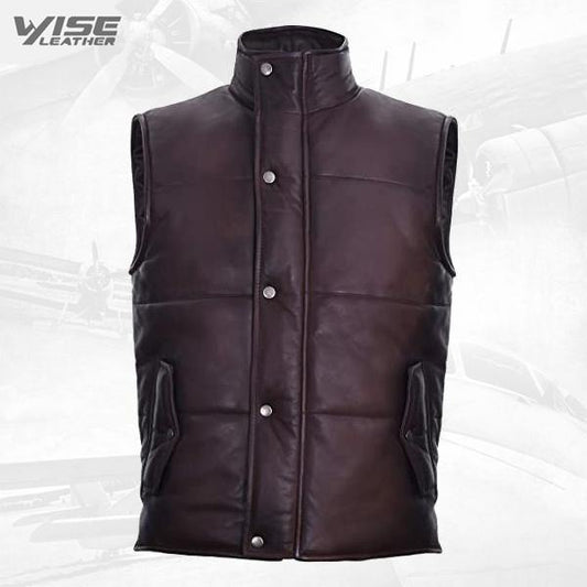 Brown Leather Puffer Vest - Padded Leather Waistcoat