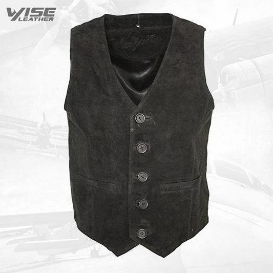 Black Suede Leather Waistcoat - Black Leather Vest for Men