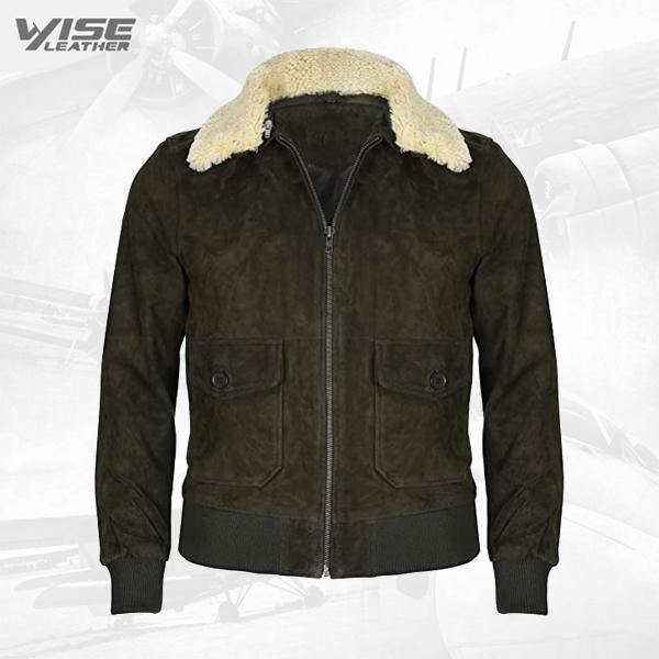 Men's Green Flight Bomber Leather Suede Jacket with Removable Shearling Collar - Wiseleather