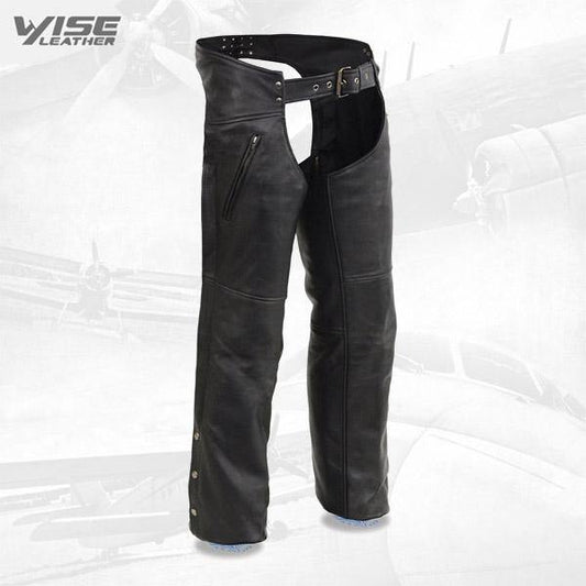 Men's Cool-Tec Black Leather Chaps with Zippered Thigh Pockets
