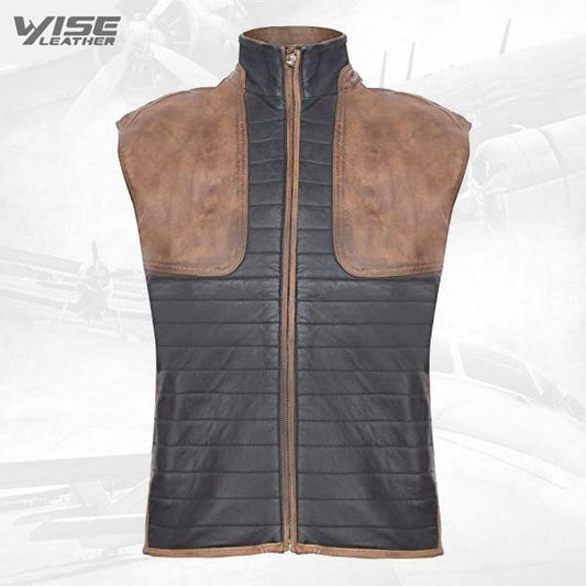 Black and Brown Leather Puffer Waistcoat - Leather Vest