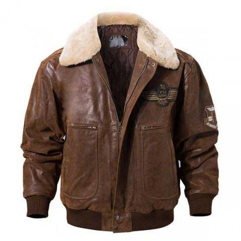 Brown Shearling Collar Bomber Jacket