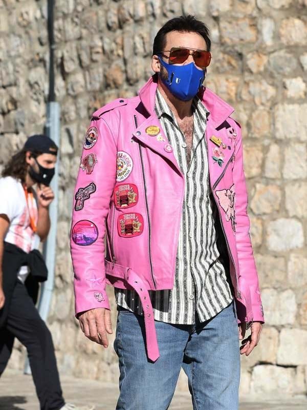 Nicolas Cage Pink Biker Leather Jacket With Patches