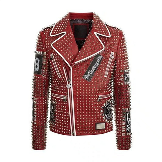 Red Studded Punk Men Leather Jacket With Embroidery Patches - Wiseleather