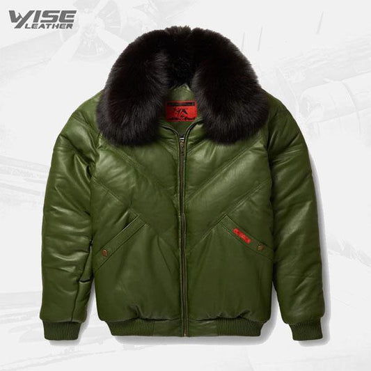 Men's Green V-Bomber Leather Jacket - Stand Out in Style