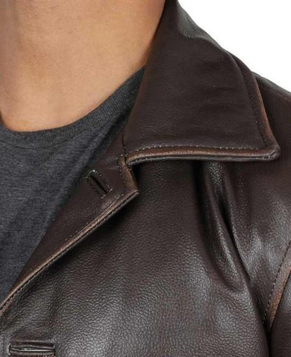 Men's Distressed Leather Coat with Inside and Outside Pockets for Travel