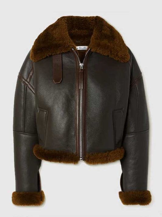 Womens Brown Textured Leather Shearling Jacket