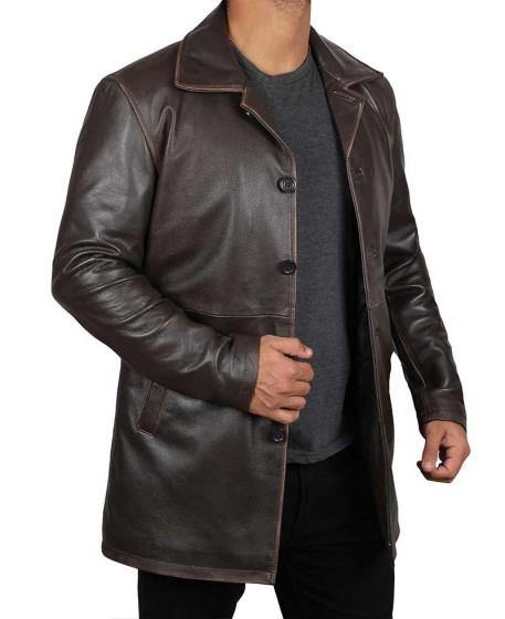 Winchester Distressed Brown Leather Rust Coat with Notch Lapel