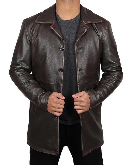 Dean Winchester Distressed Leather Coat with Wide Lapel