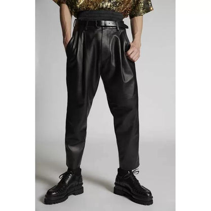 Dynamic Look Genuine Black Leather Pleat Fight Pants for Men - Wiseleather