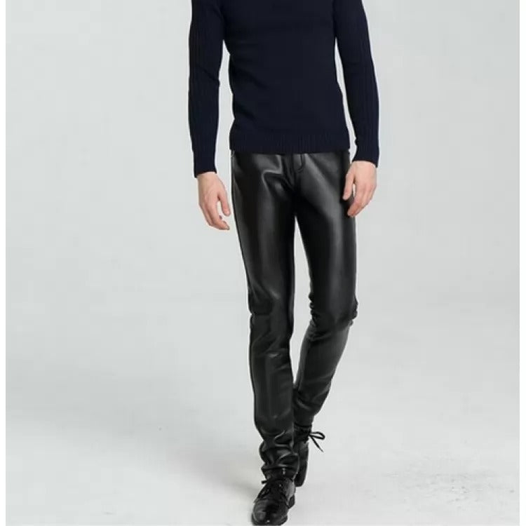 High Waist Slim Fit Black Leather Motorcycle Pants for Men - Wiseleather