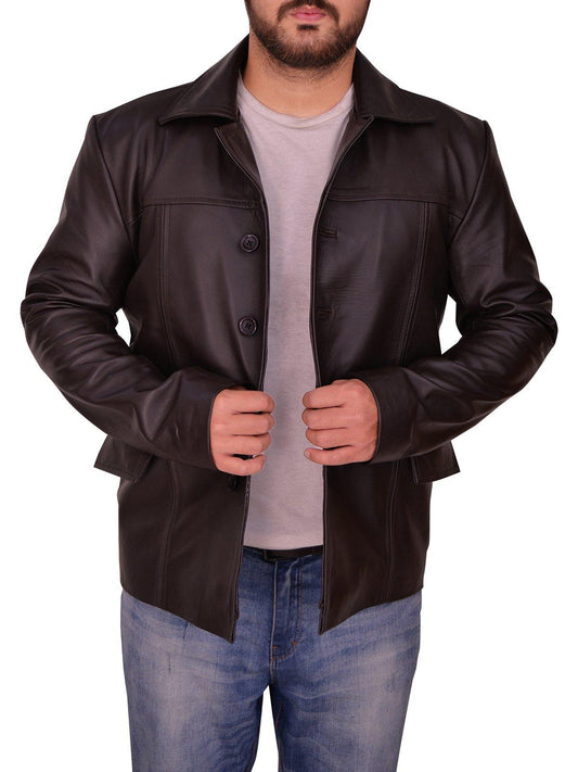 Men's Classic Brown Genuine Leather Jacket with Lapel Collar
