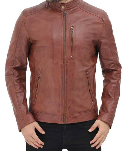 Brown Mens Shoulder Padded Leather Jacket - Wiseleather