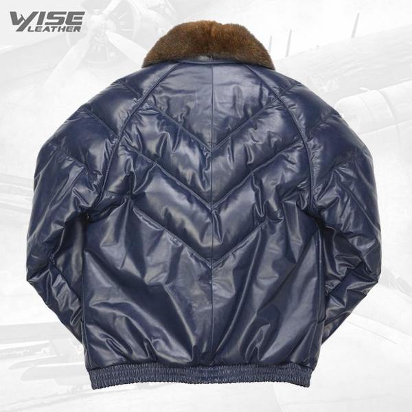 Navy Blue V-Bomber Luxury Leather Jacket