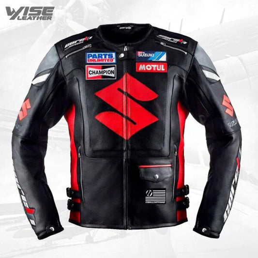 Men's Red Black Suzuki Motul Champion Motorbike Racing Leather Jacket