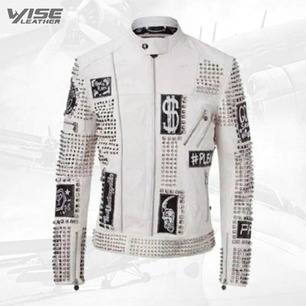 White Studded Punk Men Leather Jacket With Motorbike Style