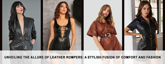 A model confidently showcasing a leather romper, epitomizing style and versatility