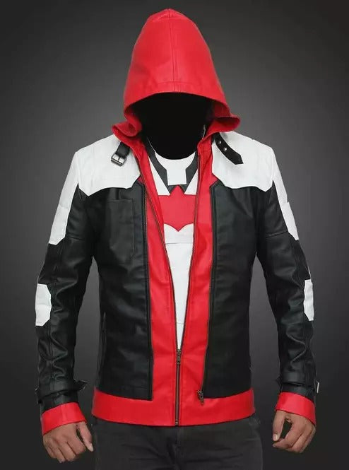 Batman Men Red Hooded Leather Jacket