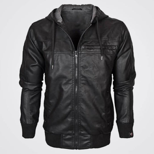 Men’s Black Leather Fashion Style Bomber Jacket with Hood