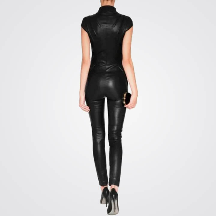 Black Leather Bodycon Jumpsuit for Women