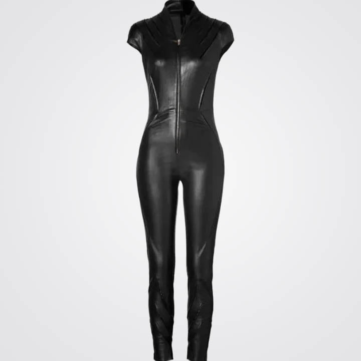 Black Leather Bodycon Jumpsuit for Women