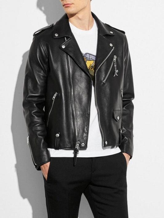 Men's Black Lambskin Biker Moto Leather Jacket